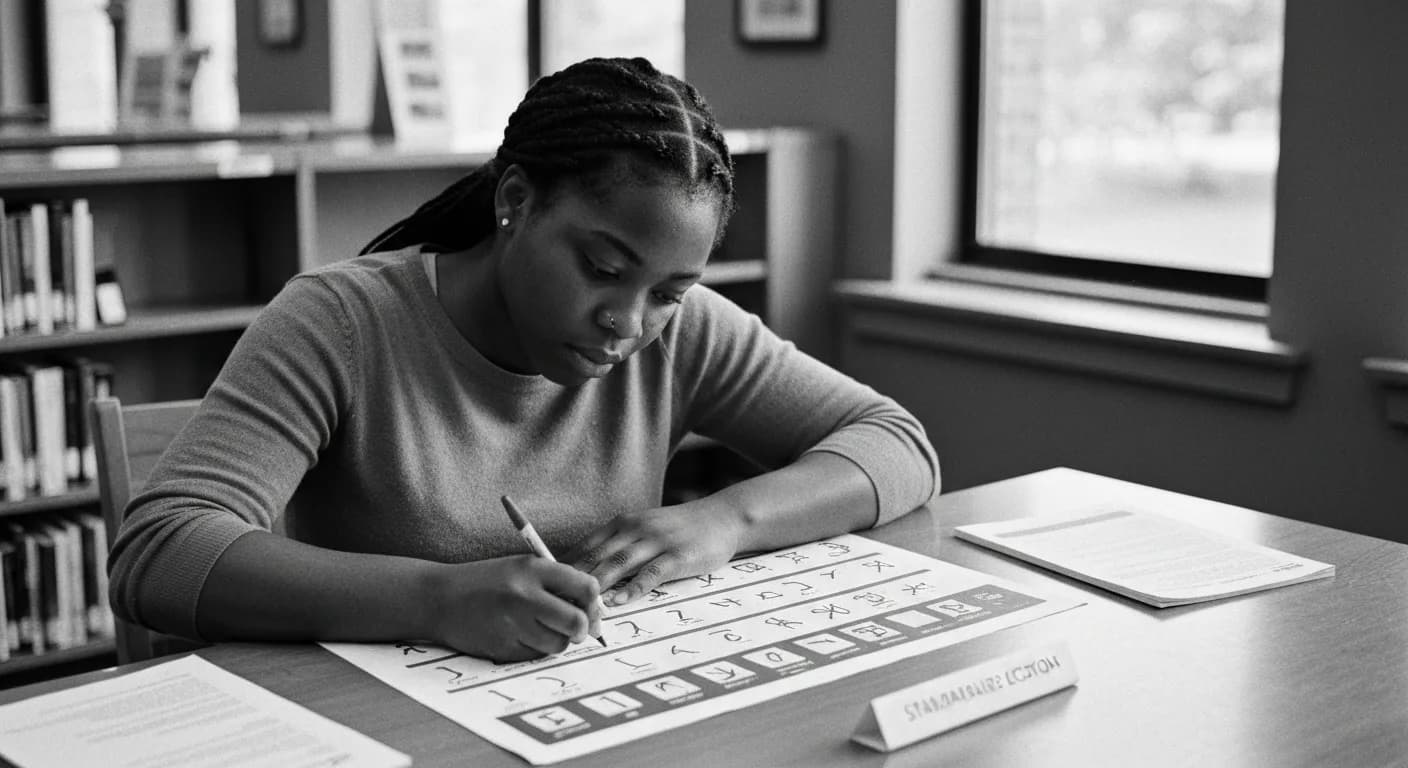 Woman marking printed image grid with a pen, reference sheet beside her, university library shelves in background