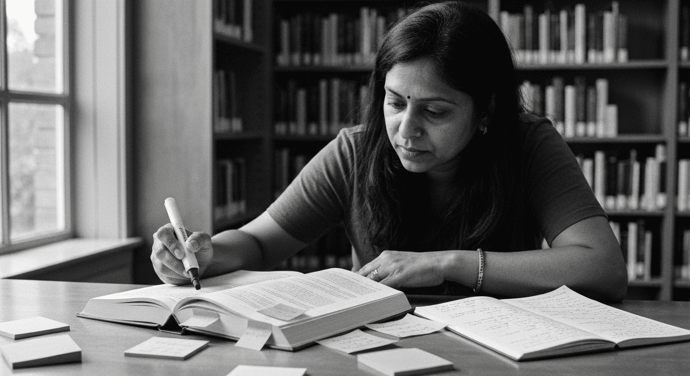 Woman highlighting text in a library book surrounded by color-coded sticky notes and handwritten notes in a notebook.