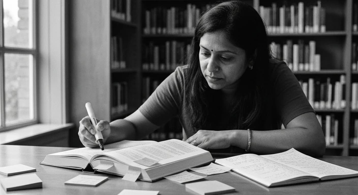 Woman highlighting text in a library book surrounded by color-coded sticky notes and handwritten notes in a notebook.