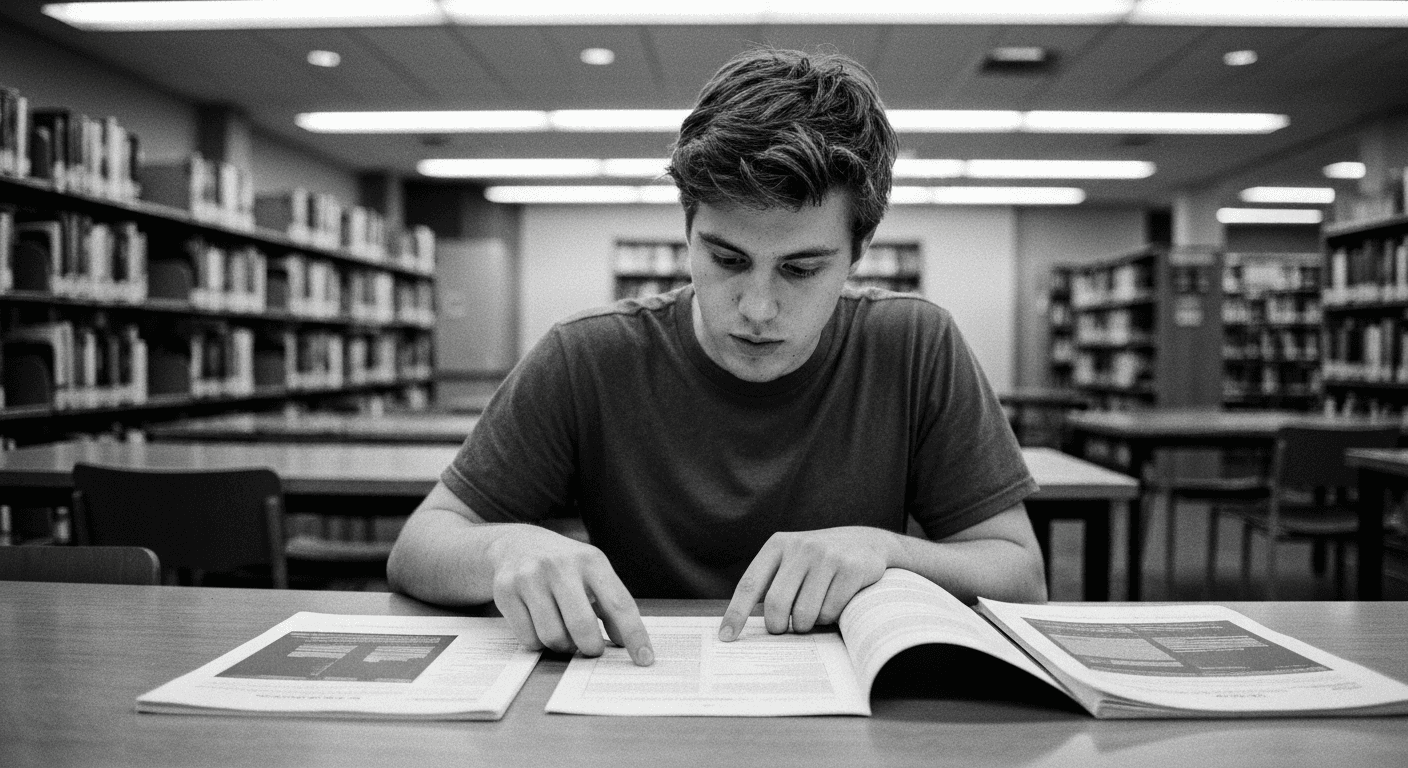 Man at library table examining three stacks of papers, comparing documents with his finger, focused expression, tall shelves