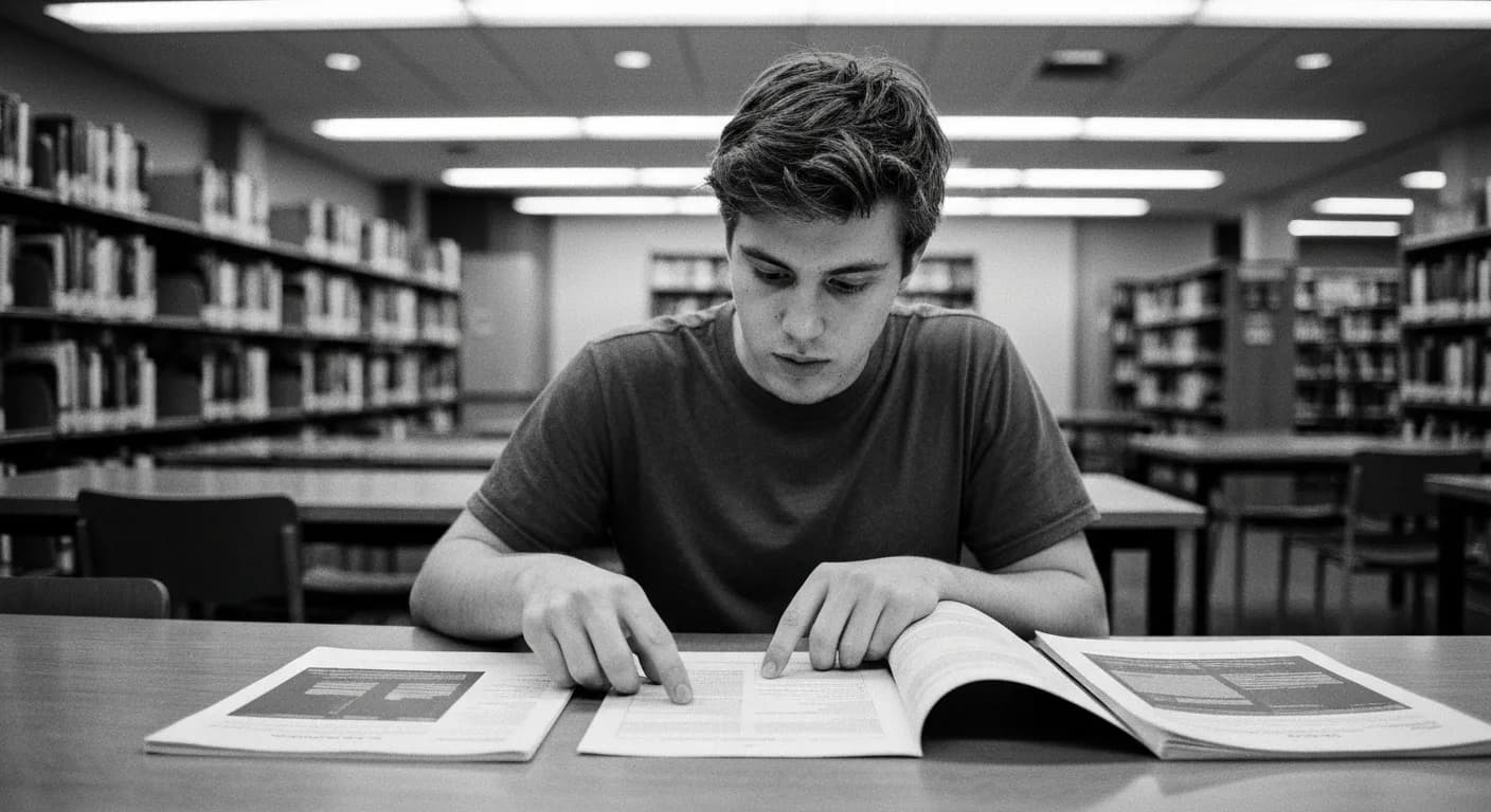 Man at library table examining three stacks of papers, comparing documents with his finger, focused expression, tall shelves