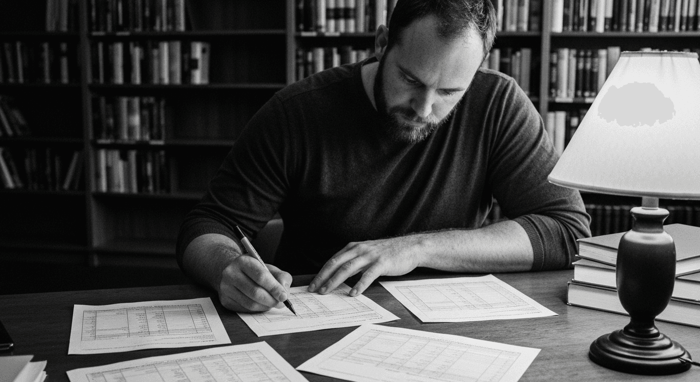 Man in reading room comparing multiple printed rubrics side by side, marking differences between columns with a pen.