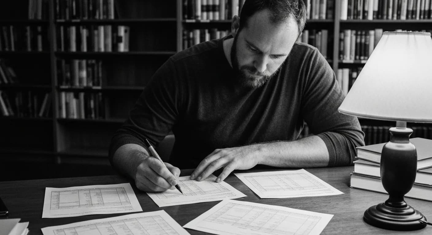 Man in reading room comparing multiple printed rubrics side by side, marking differences between columns with a pen.