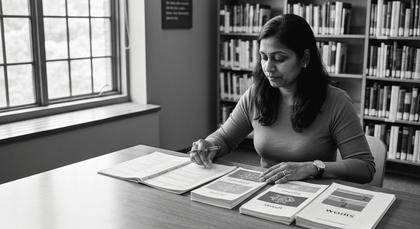 Woman at library table organizing papers into three sorted piles, consulting evaluation criteria sheets beside her work.