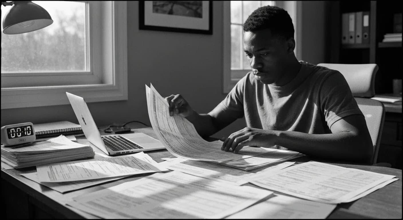 Man at desk reviewing stacked documents while typing, with a timer visible, papers and laptop arranged across workspace