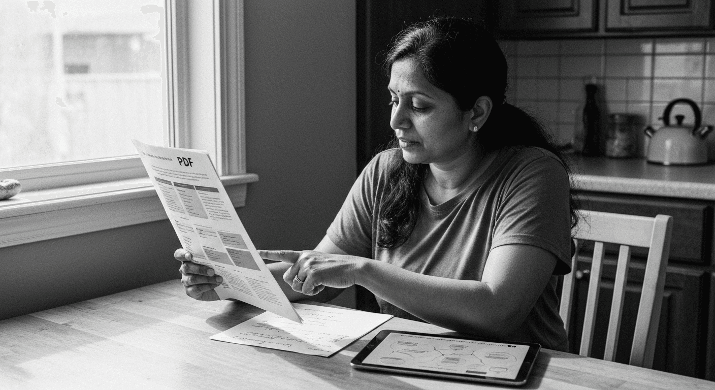 Woman at kitchen table comparing a printed PDF document with handwritten notes and a tablet showing extracted text summaries