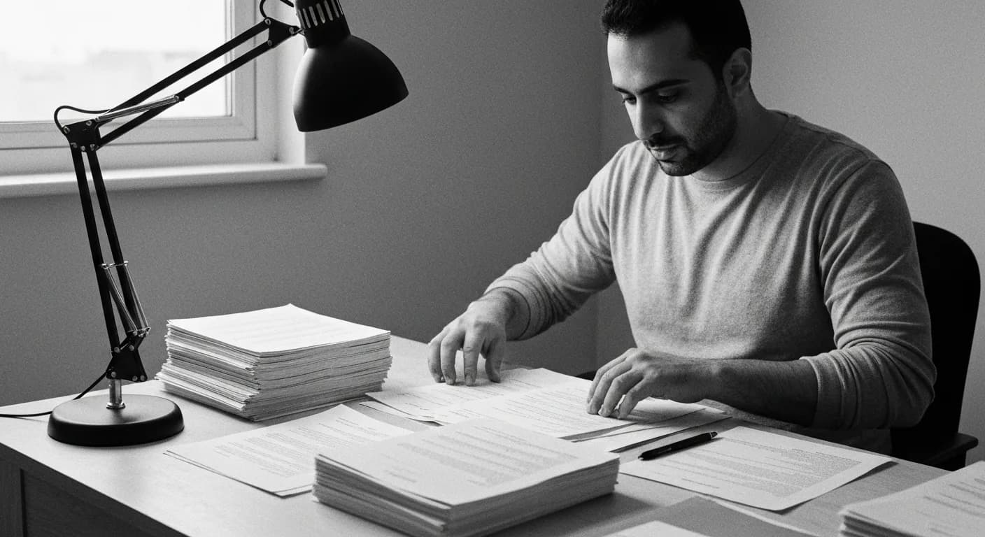 Man at desk sorting and comparing printed documents into organized piles, evaluating quality differences between pages.