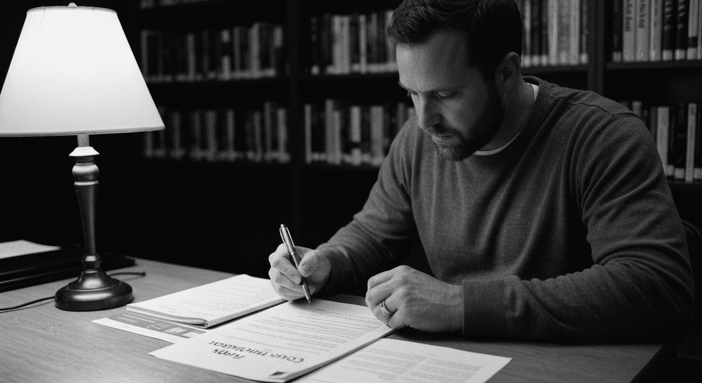 Man in lamplight reviewing stacked training documents, comparing pages with a rubric checklist, pen in hand at desk