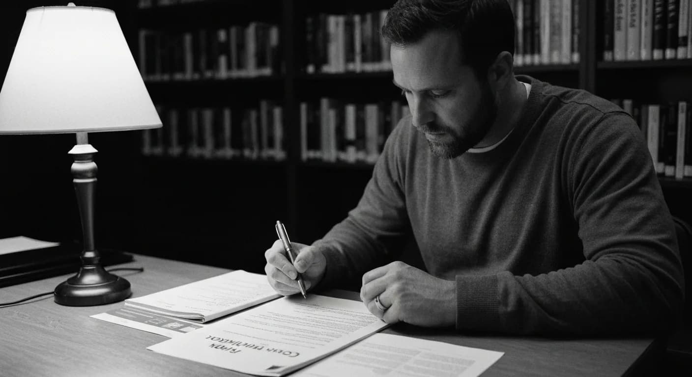 Man in lamplight reviewing stacked training documents, comparing pages with a rubric checklist, pen in hand at desk