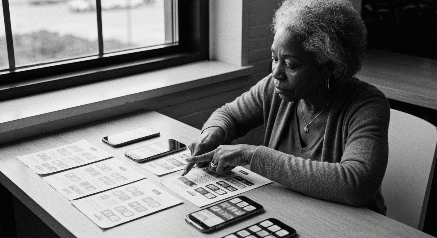 Woman comparing multiple fitness app printouts and phone mockups arranged in columns on a table, pointing between documents t