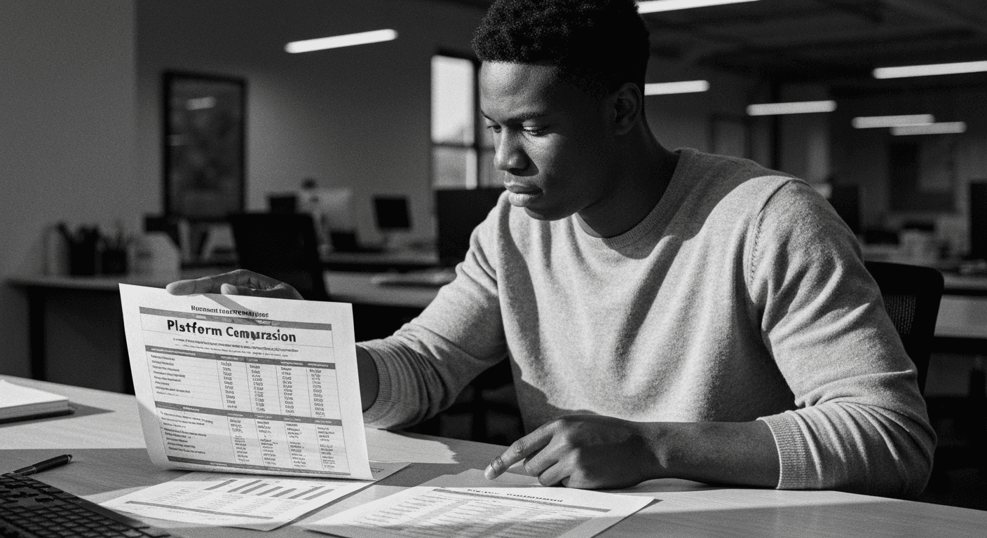 Man reviewing and comparing multiple printed documents about rates and requirements spread across his desk in an office setti