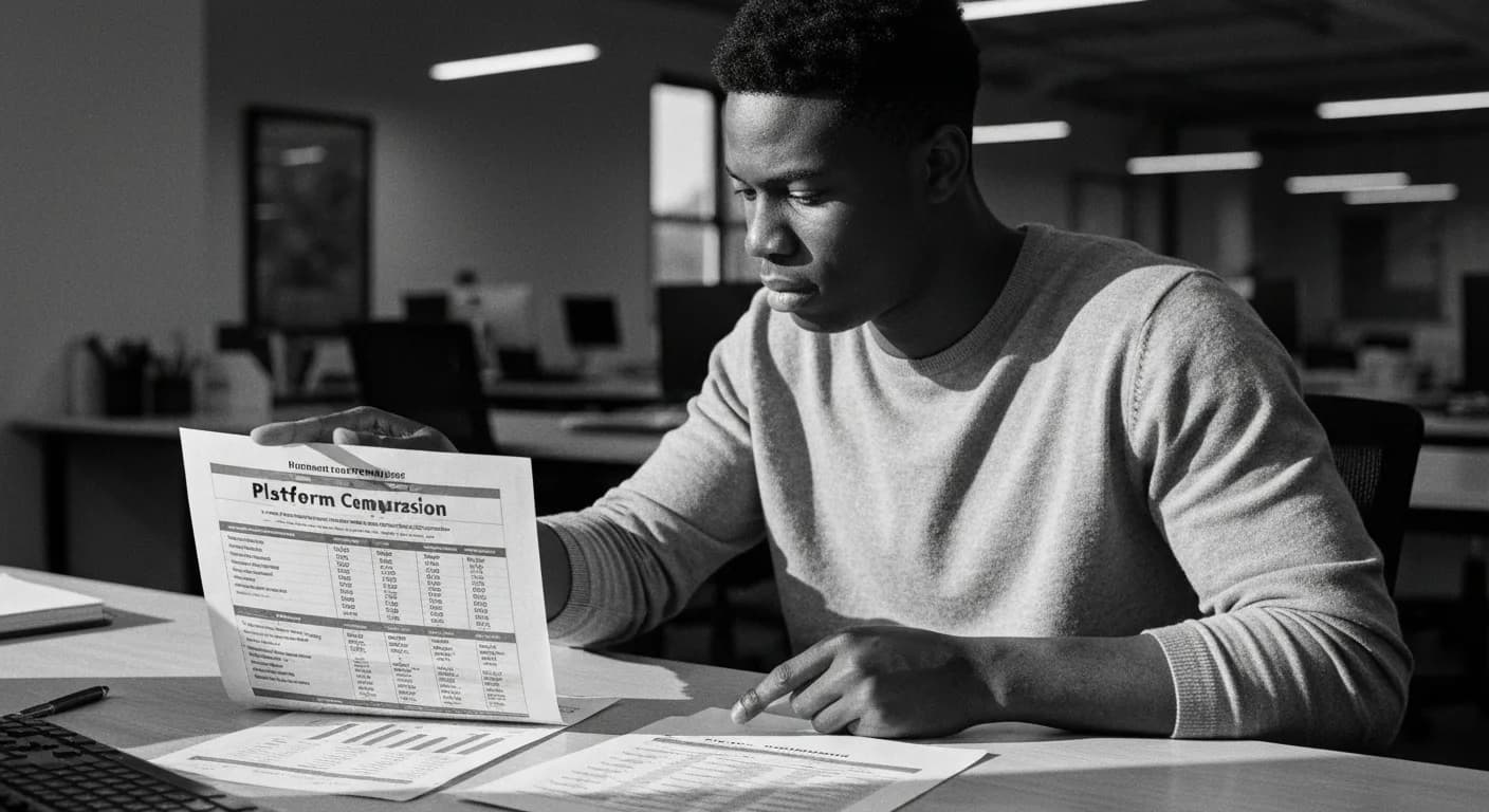 Man reviewing and comparing multiple printed documents about rates and requirements spread across his desk in an office setti