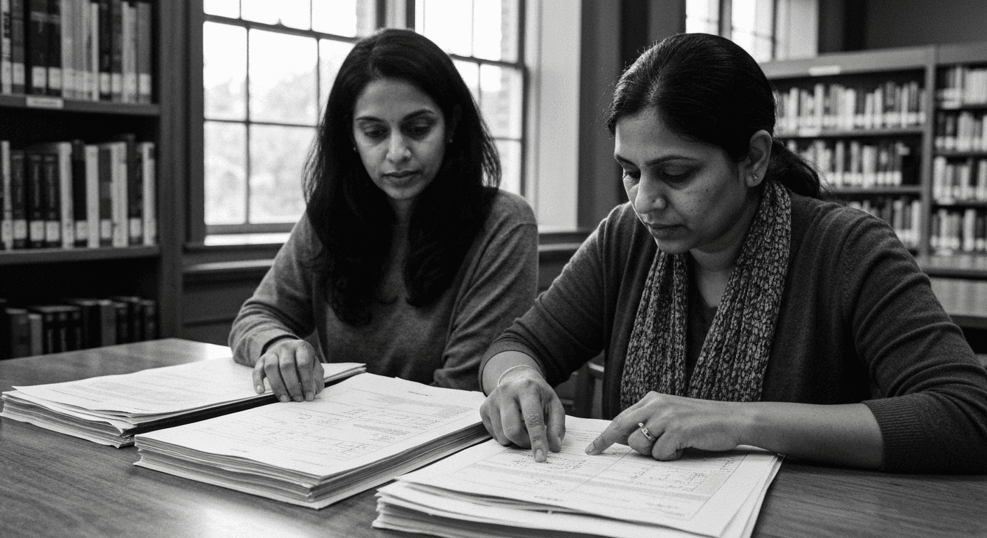 Two people comparing separate stacks of marked documents against a shared reference sheet, pointing to alignment points and d