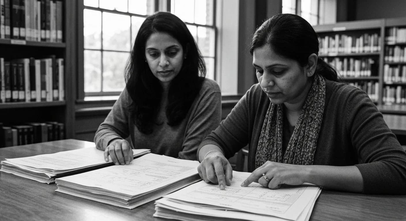 Two people comparing separate stacks of marked documents against a shared reference sheet, pointing to alignment points and d