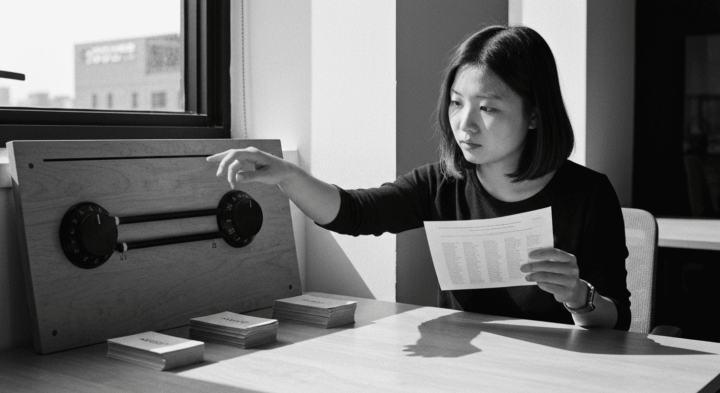 Woman adjusting a threshold slider between two sorted stacks of cards, studying prediction outputs by a window in an office s