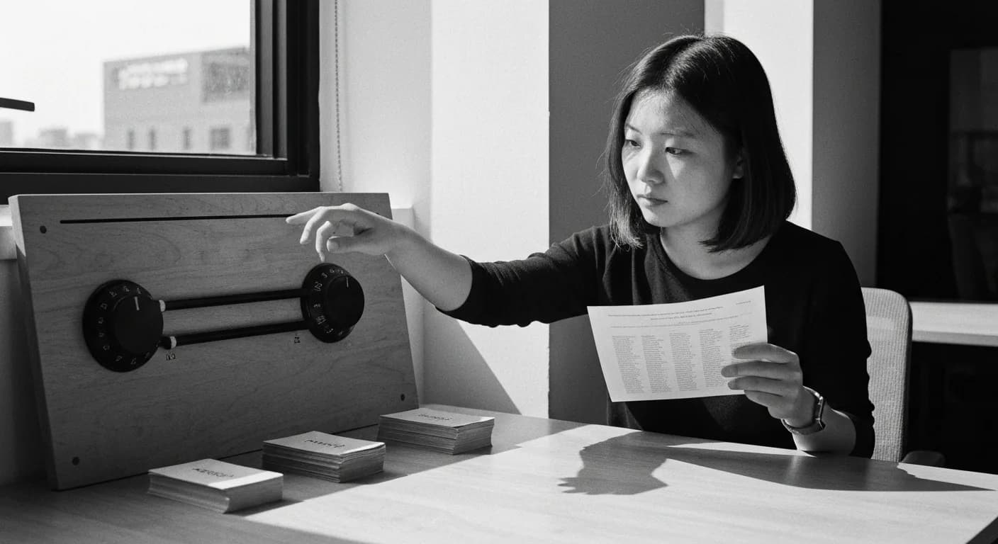 Woman adjusting a threshold slider between two sorted stacks of cards, studying prediction outputs by a window in an office s