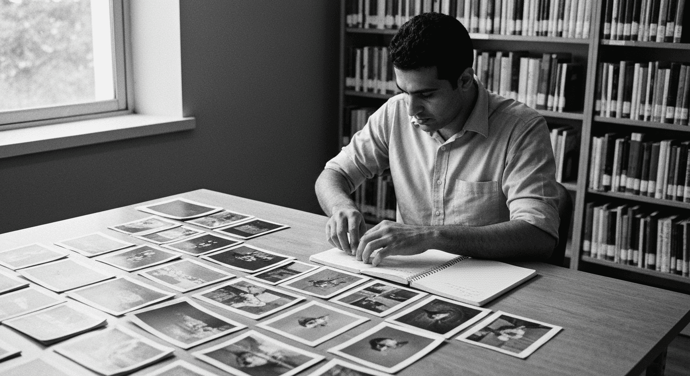 Man arranging printed images into organized labeled piles at a library table, documenting each grouping in a notebook
