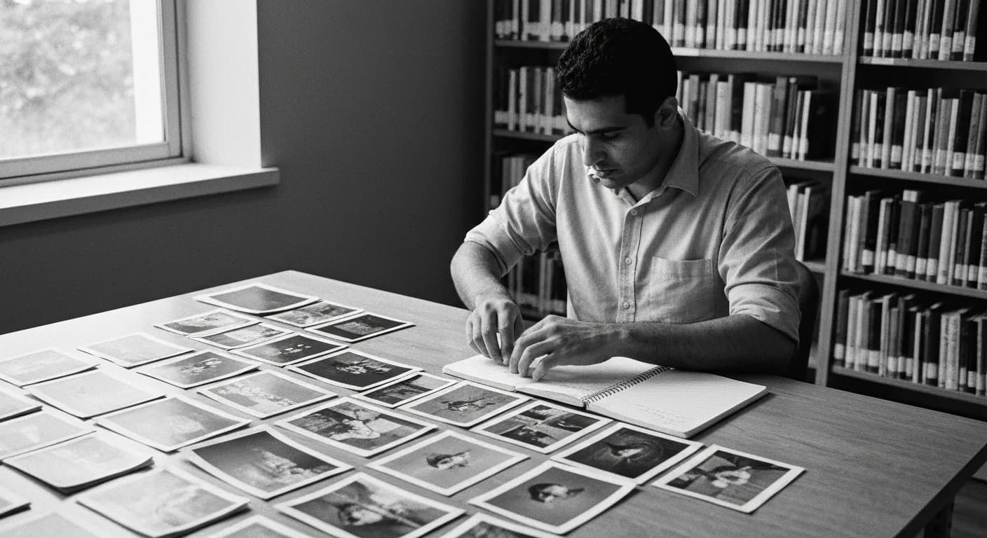 Man arranging printed images into organized labeled piles at a library table, documenting each grouping in a notebook