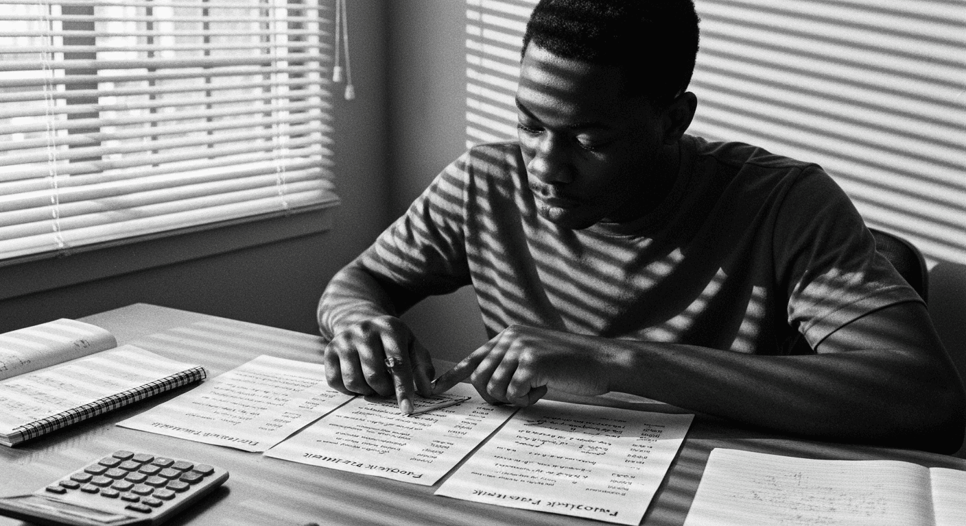 Man comparing stacks of task cards at desk, fingers moving between piles, venetian-blind shadows across workspace, calculator