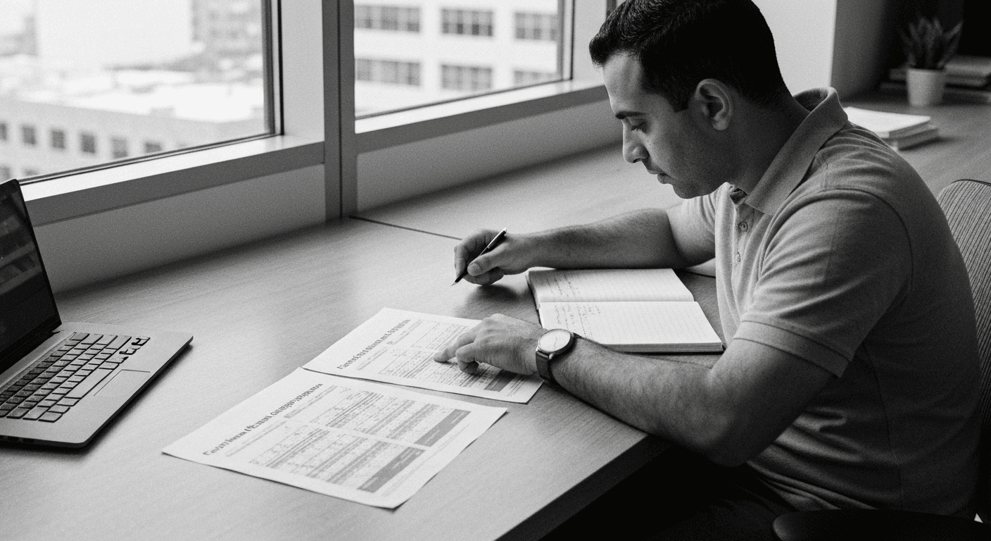 Man at desk comparing multiple printed documents side-by-side, taking notes while reviewing information with focused attentio