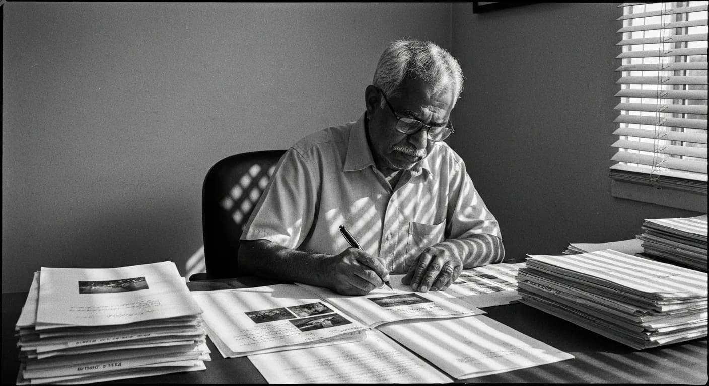 Man annotating printed images and documents with handwritten labels, comparing marked-up pages to unmarked originals on a des