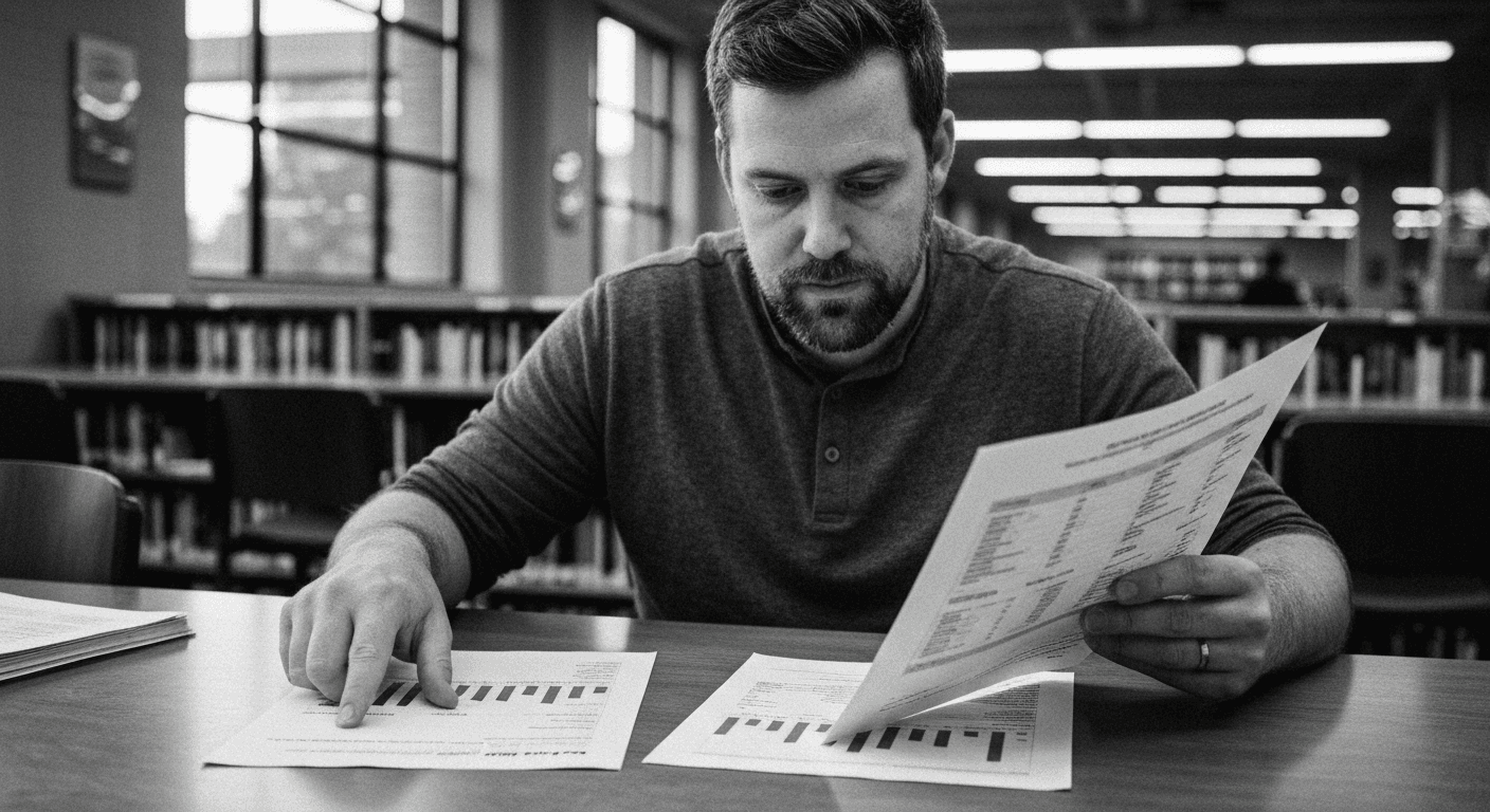 Man at library table comparing two document stacks, one hand on each, studying different pages for differences