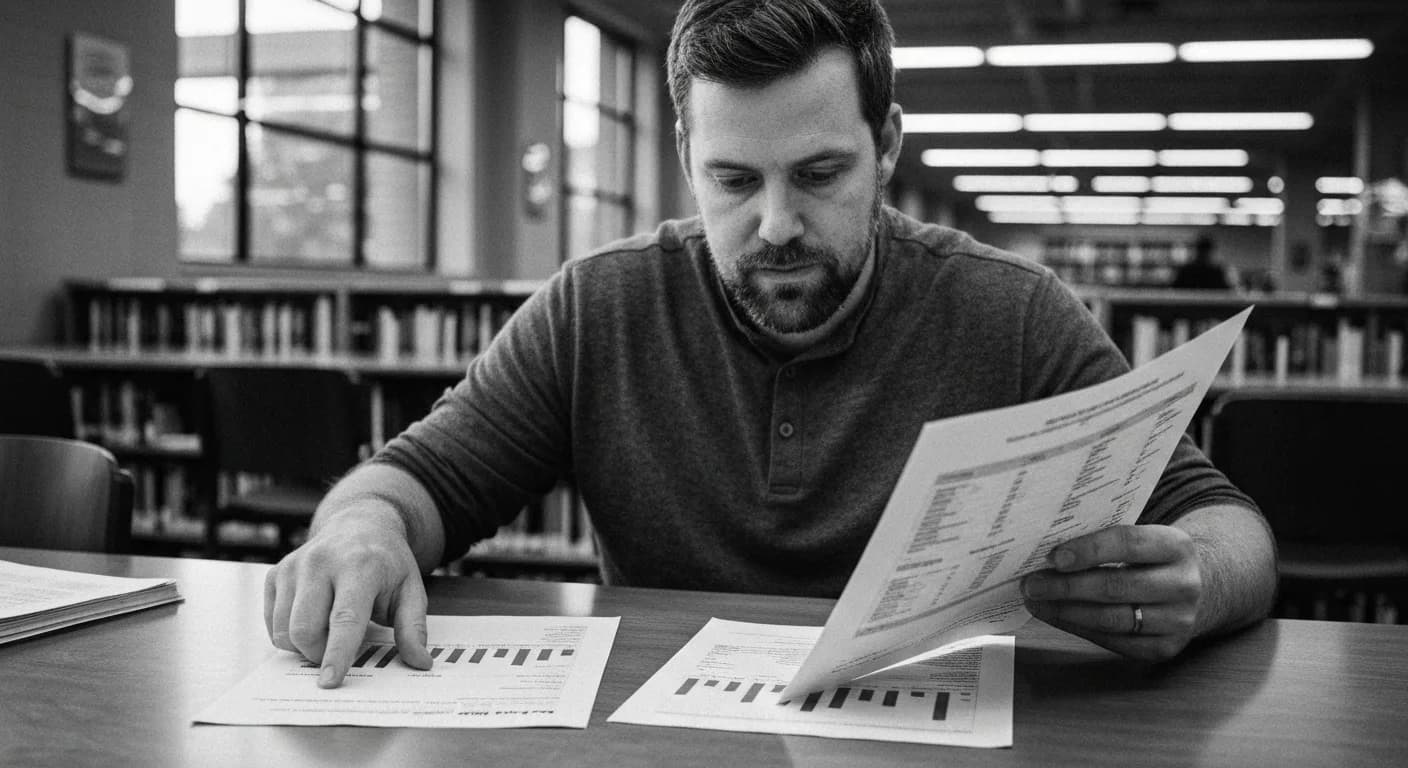 Man at library table comparing two document stacks, one hand on each, studying different pages for differences