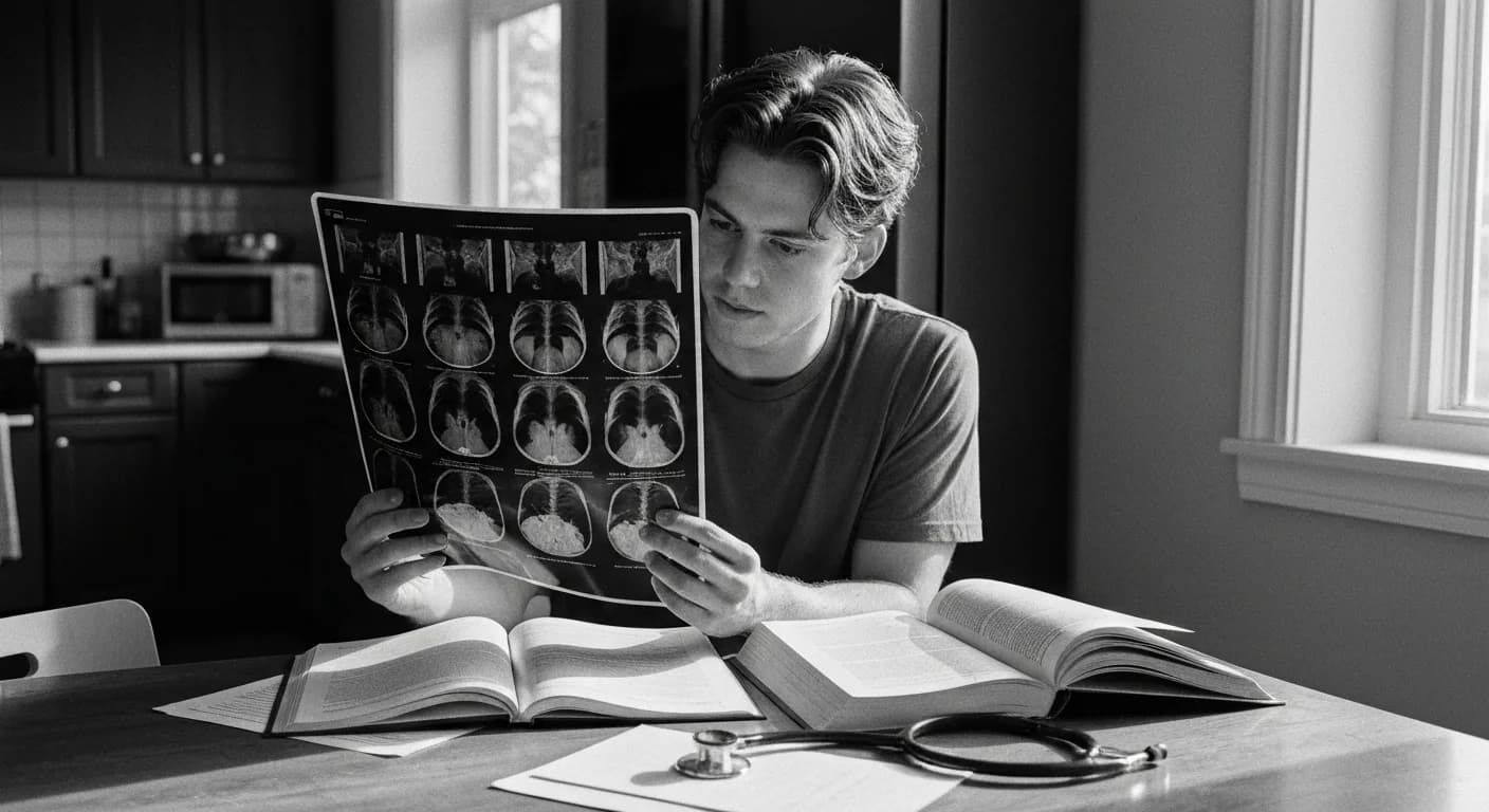 Man comparing medical scan against textbook reference material at kitchen table, pen in hand, early morning light