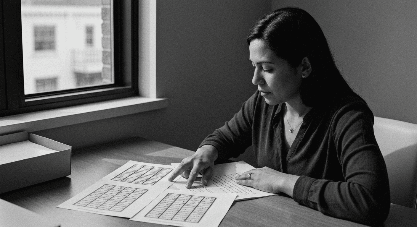 Woman comparing multiple printed matrices side-by-side at a desk, pointing to rows of numbers while referencing handwritten n