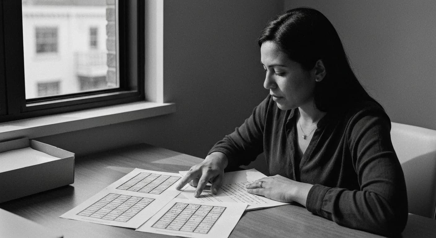 Woman comparing multiple printed matrices side-by-side at a desk, pointing to rows of numbers while referencing handwritten n