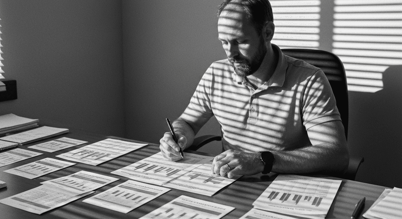 Man at desk arranging and comparing multiple printed evaluation sheets into separate piles, studying the differences between