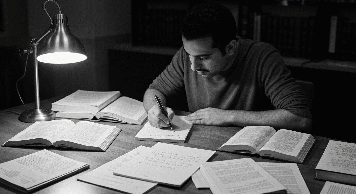 Man comparing a written statement against multiple open reference books, marking inconsistencies with a pen at a reading tabl