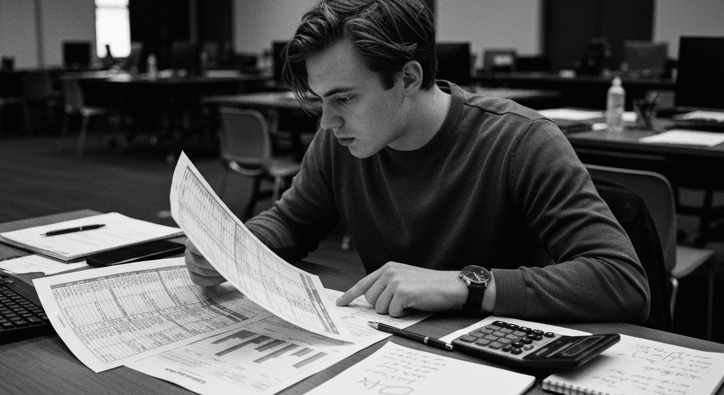 Man examining and comparing stacked documents at desk, finger pointing to one page while reviewing others, calculator visible