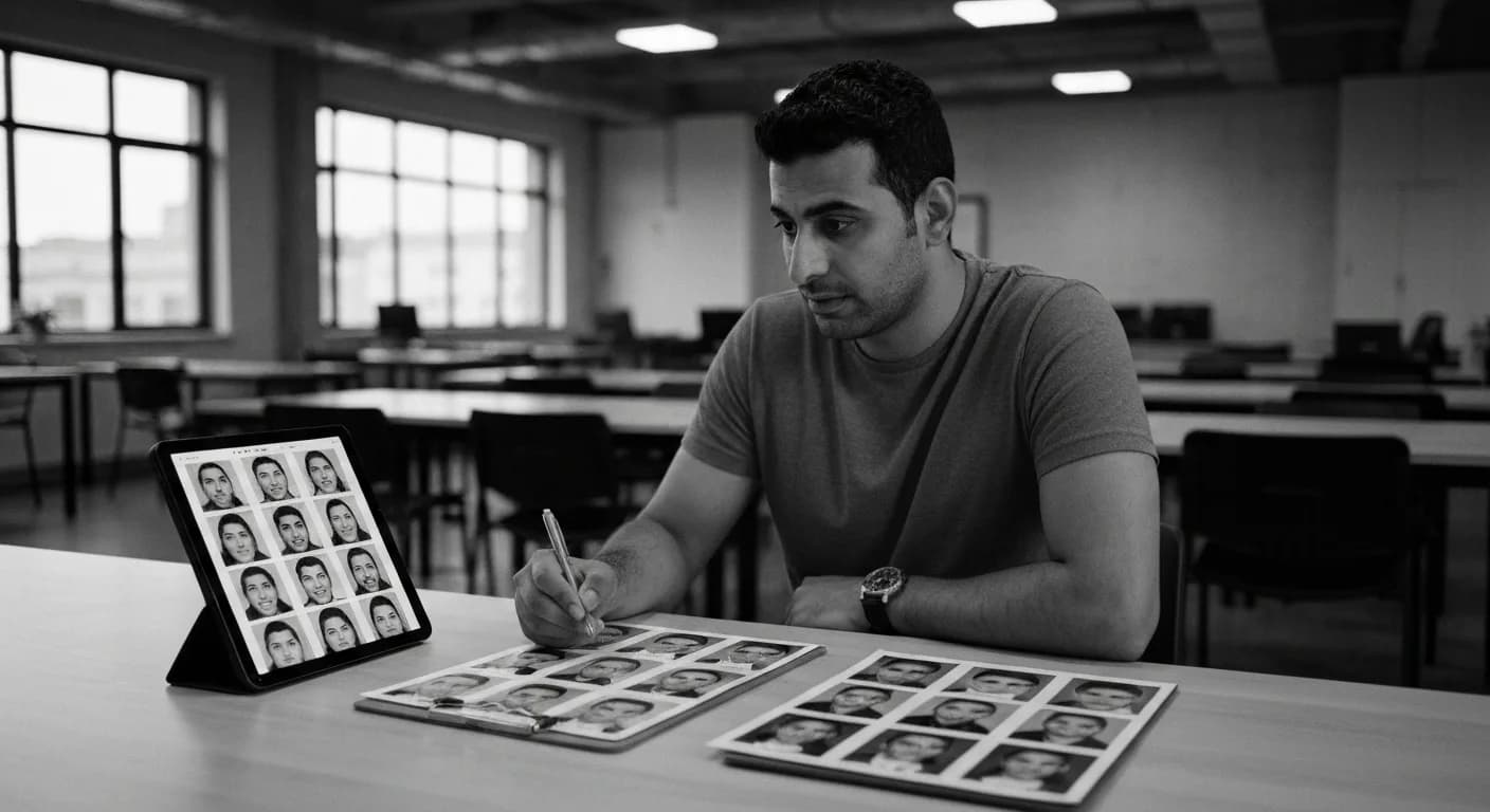 Man comparing two sets of face photos on desk, one printed, one on tablet, with clipboard notes between them.