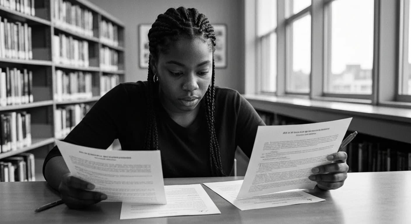 Woman at library desk comparing two printed documents, marking one with a pen while consulting a third paper, focused concent