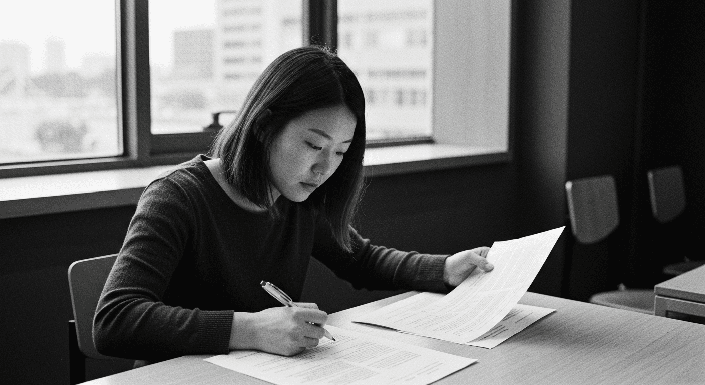 Woman at desk comparing printed text pages side-by-side, marking annotations with a pen in natural window light.