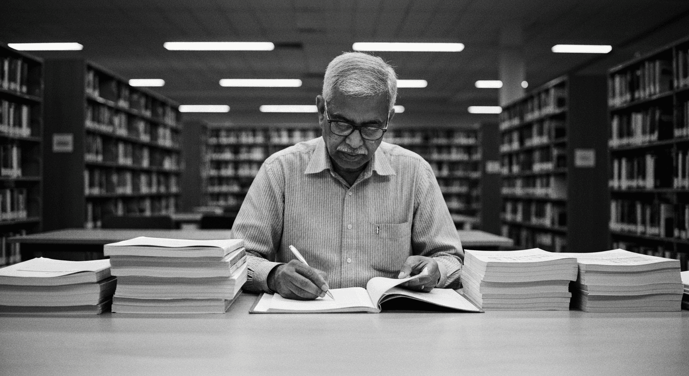 Man arranging papers in sequence on library table, comparing documents between organized piles with focused attention