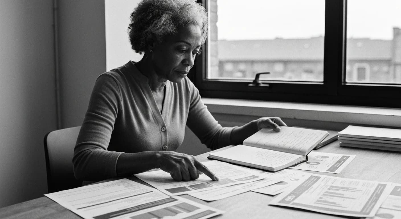Woman arranging printed documents and notes in organized stacks at a table by a window, studying the materials intently.