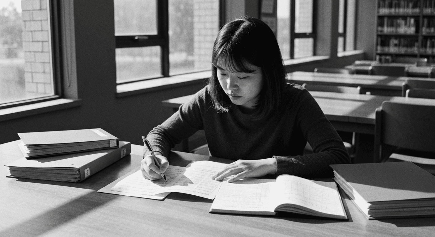 Woman at library table comparing stacked papers with pen in hand, evaluating written responses against a reference sheet, sur