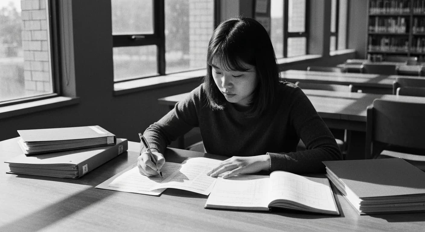 Woman at library table comparing stacked papers with pen in hand, evaluating written responses against a reference sheet, sur