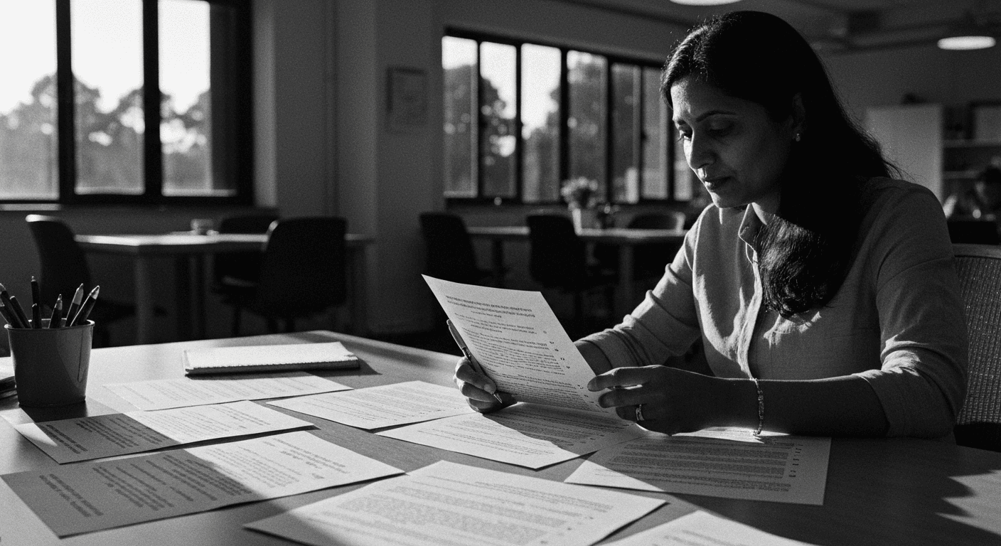 Woman at desk reviewing and scoring multiple printed documents with a pen, papers fanned across workspace in evening light.