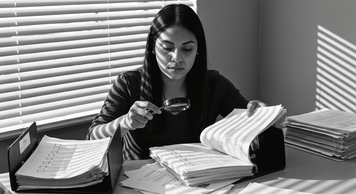 Woman sorting and reviewing stacked papers at desk, comparing entries with magnifying glass, organized folders with different