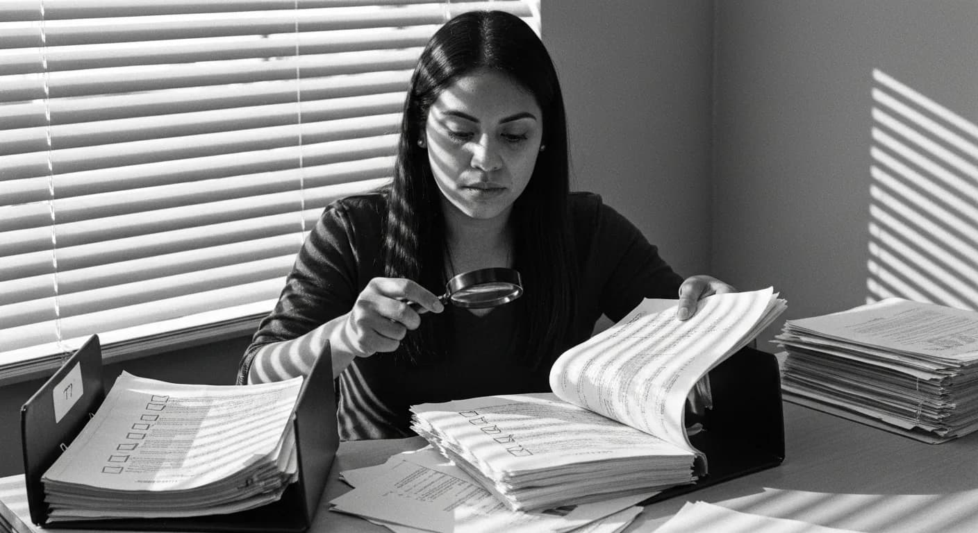 Woman sorting and reviewing stacked papers at desk, comparing entries with magnifying glass, organized folders with different