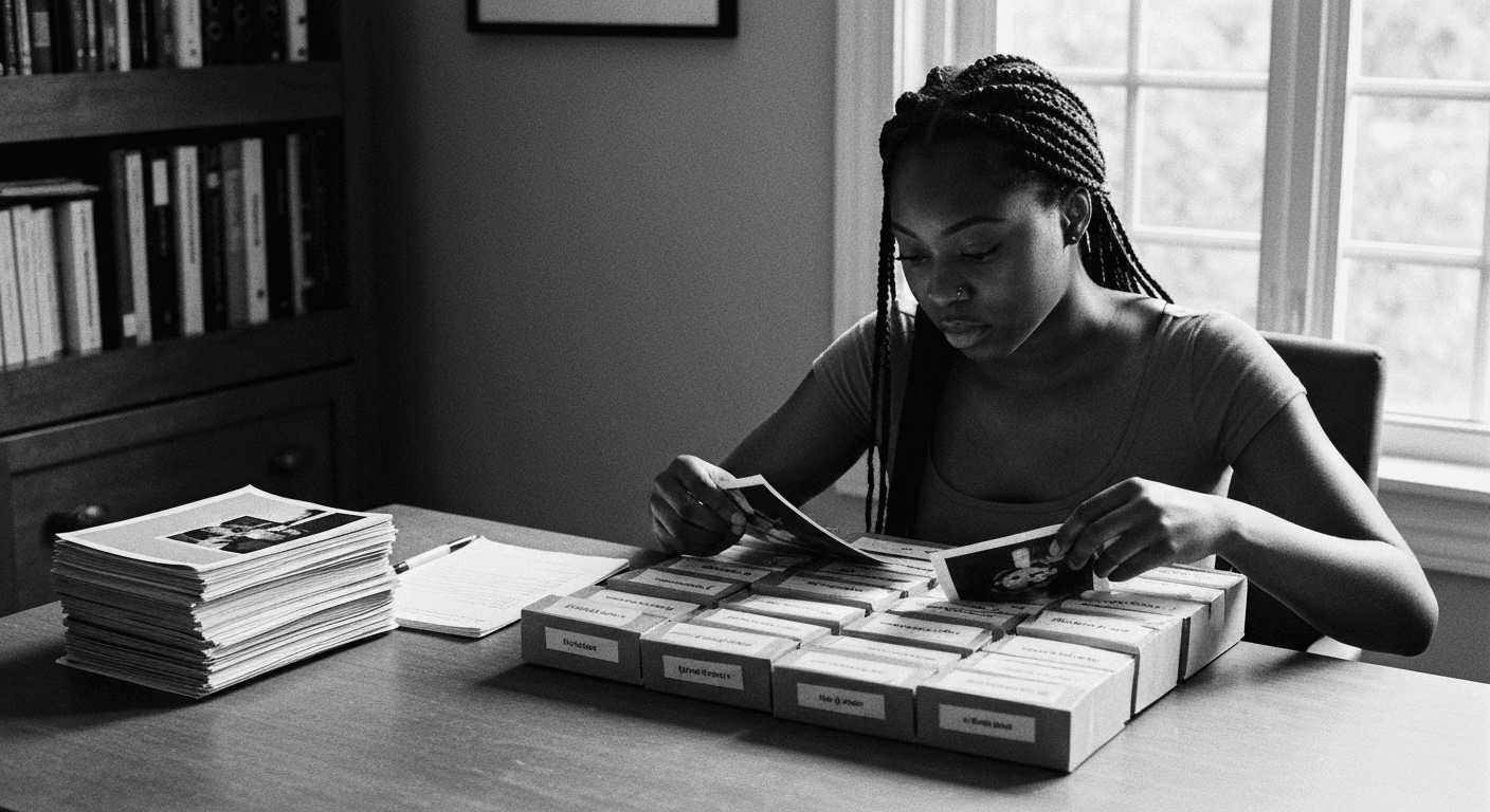 Woman organizing and sorting printed photos into labeled folders at a sunlit desk, with stacks of unsorted images and a check
