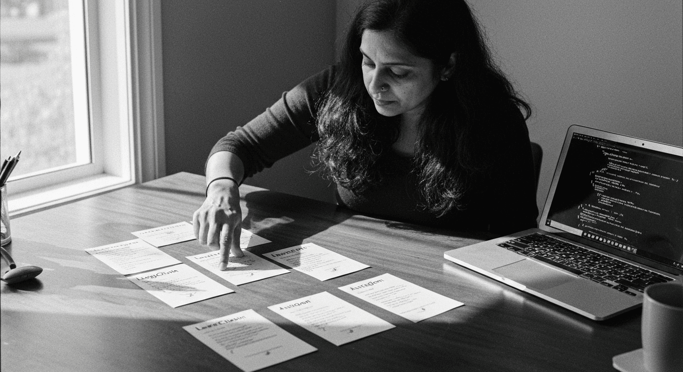 Woman arranging printed code cards in sequence on desk, tracing workflow between them with finger, laptop nearby in bright ho