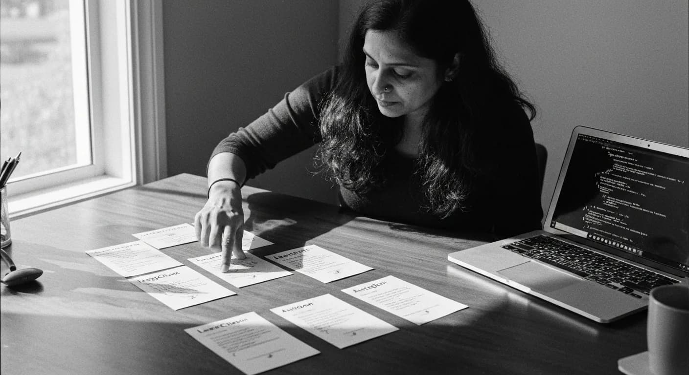 Woman arranging printed code cards in sequence on desk, tracing workflow between them with finger, laptop nearby in bright ho