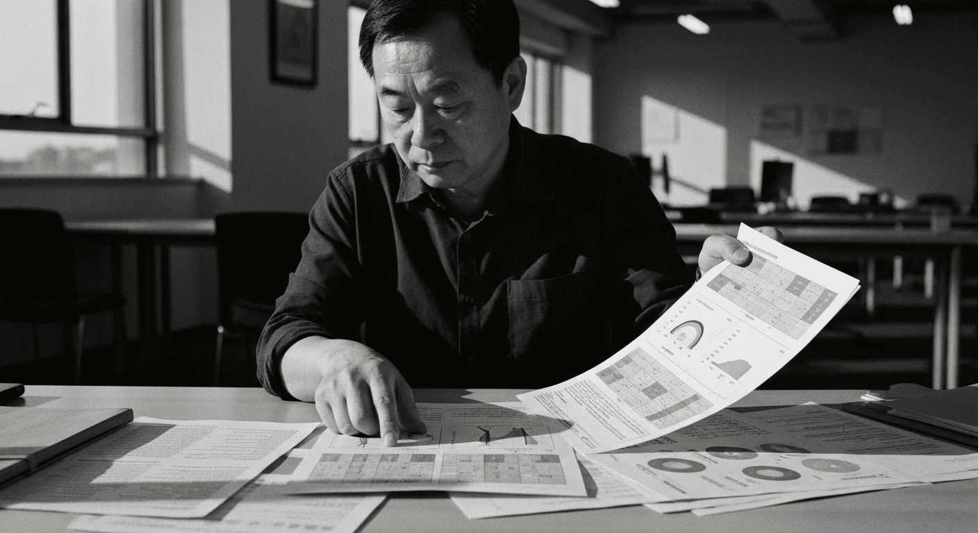 Man comparing printed charts and matrices at a desk, papers arranged for side-by-side analysis, office dimly lit by evening l