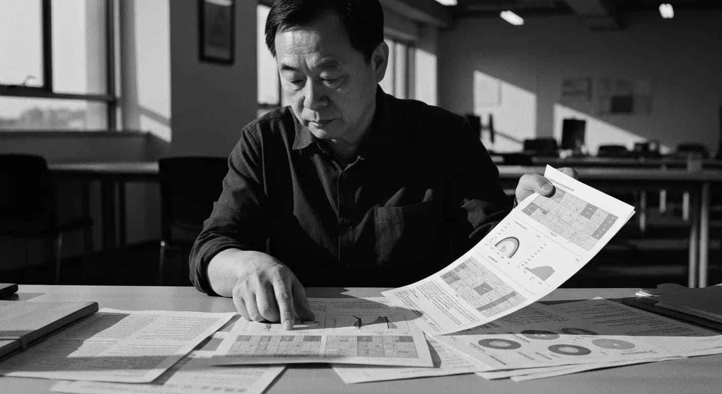 Man comparing printed charts and matrices at a desk, papers arranged for side-by-side analysis, office dimly lit by evening l