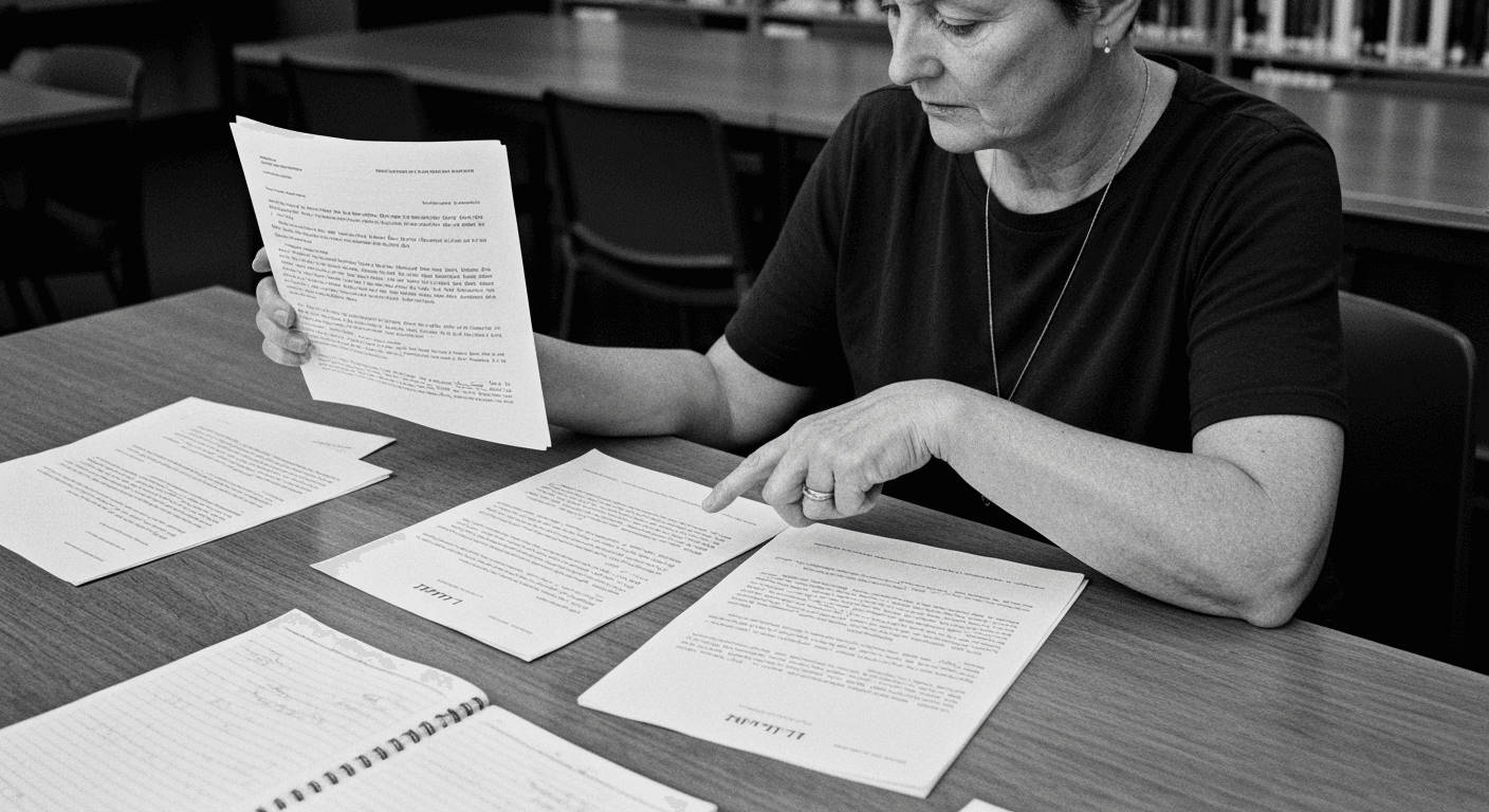 Woman at library table comparing multiple printed documents side by side, pointing to text while referencing notes.