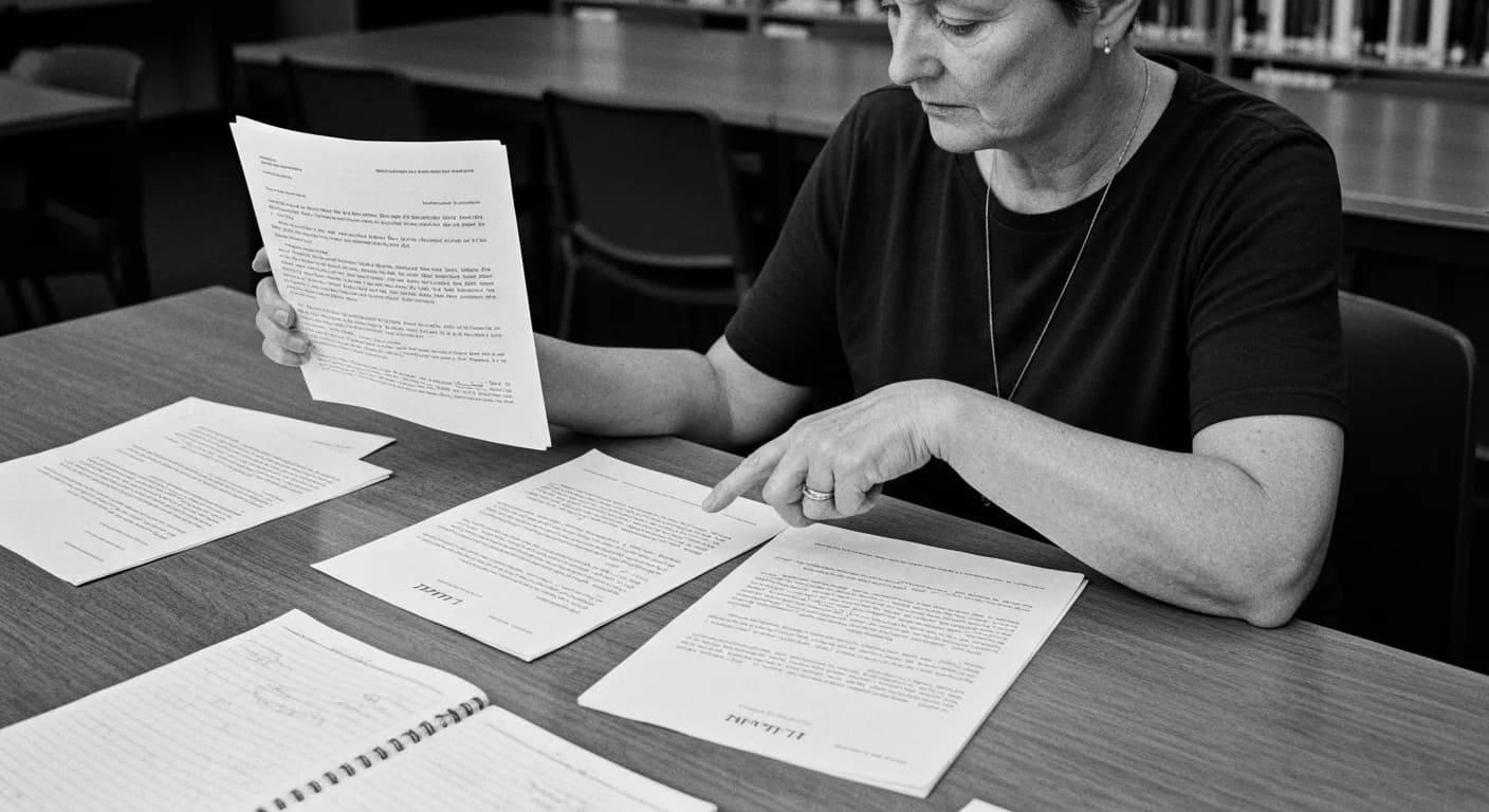 Woman at library table comparing multiple printed documents side by side, pointing to text while referencing notes.